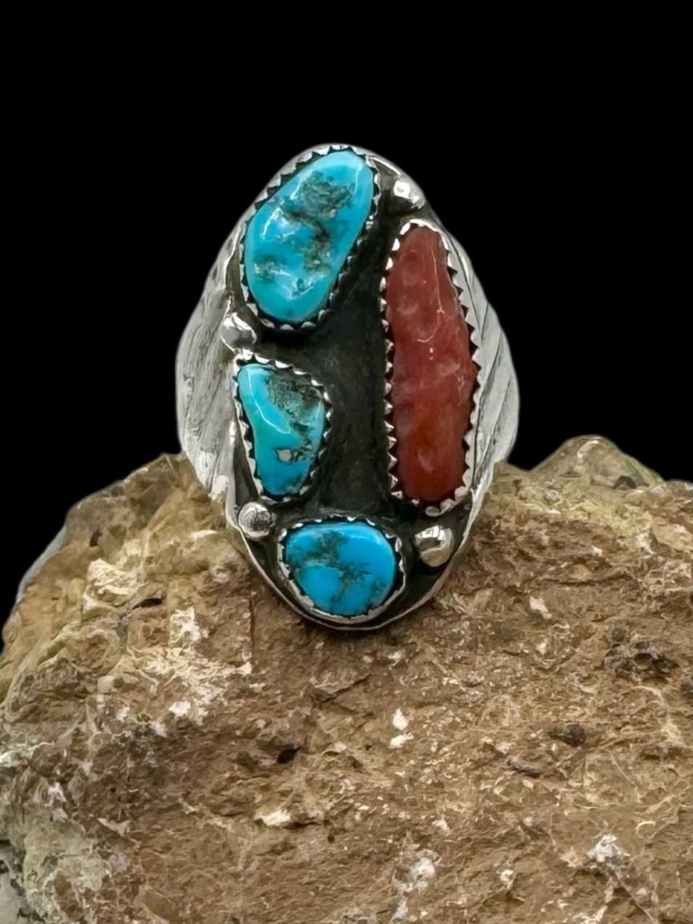 Native American Sterling Silver Turquoise Coral Multi Stone Mens Ring 8.5